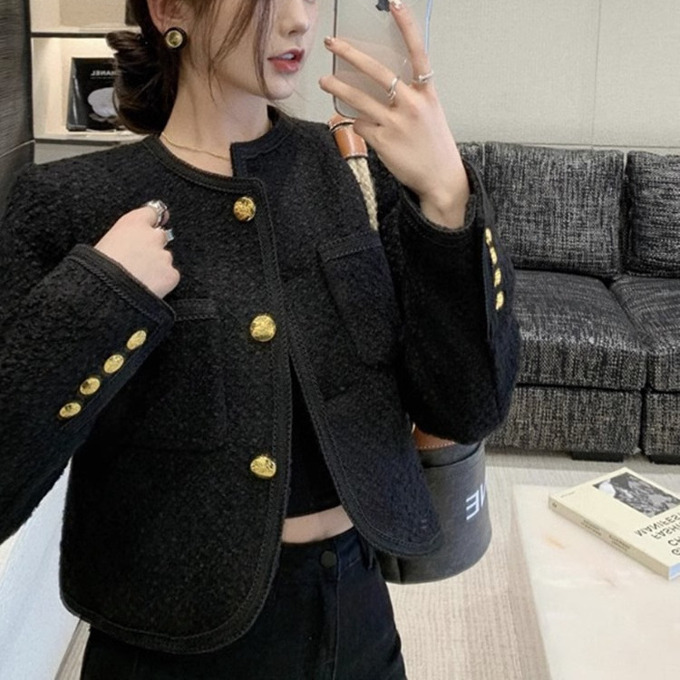 French Versatile Long-sleeved High-end Chanel-style Coat Short Short Slim-fit Gentle Single-breasted Black Coat