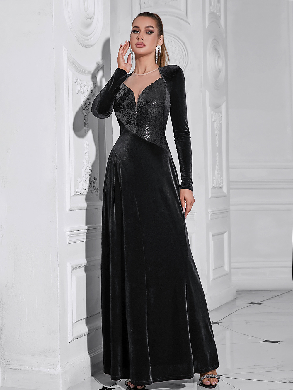 Autumn Winter Elegant Long Sleeve round Neck Long Patchwork Dress Evening Dress