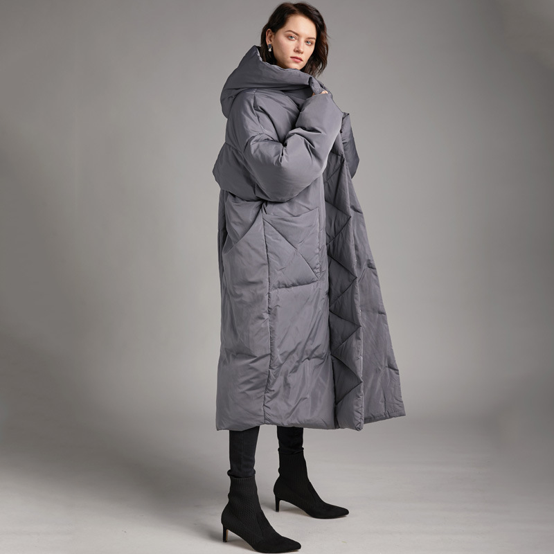 New winter 90 white duck down simple loose hooded lengthened padded down jacket women's back split a generation of hair