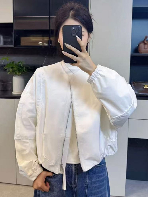韩版简约圆领纯色短外套女2025秋季新款休闲宽松百搭小个子夹克潮|undefined