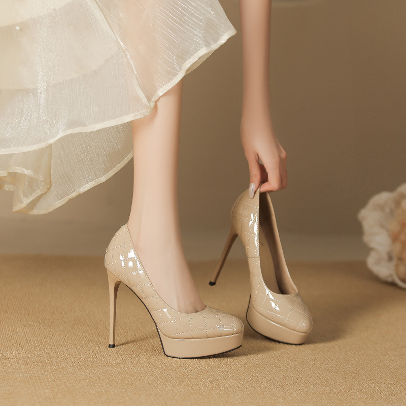 Giày cao gót nữ mũi tròn đế xuồng họa tiết ca rô gót 12 cm — Màu nude-12cm