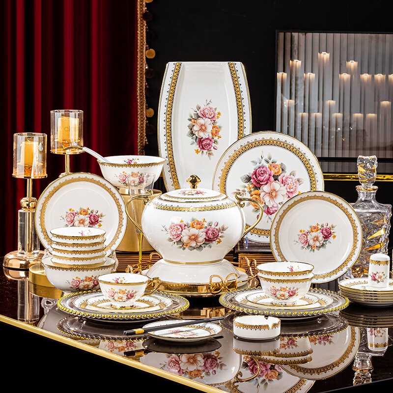 Jingdezhen Bone China Tableware Gifts Light Luxury Style Bowls and Plates Combination Complete Set of Household Export Wholesale Dishes Set Jingdezhen Bone China Tableware Gifts Light Luxury Style Bowls and Plates Combination Complete Set of Household Export Wholesale Dishes Set