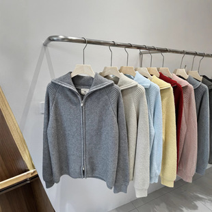 24 Autumn new ladies Han Rihan's double -headed zipper lapel knit knitted cardigan simple and all -round, not fashionable