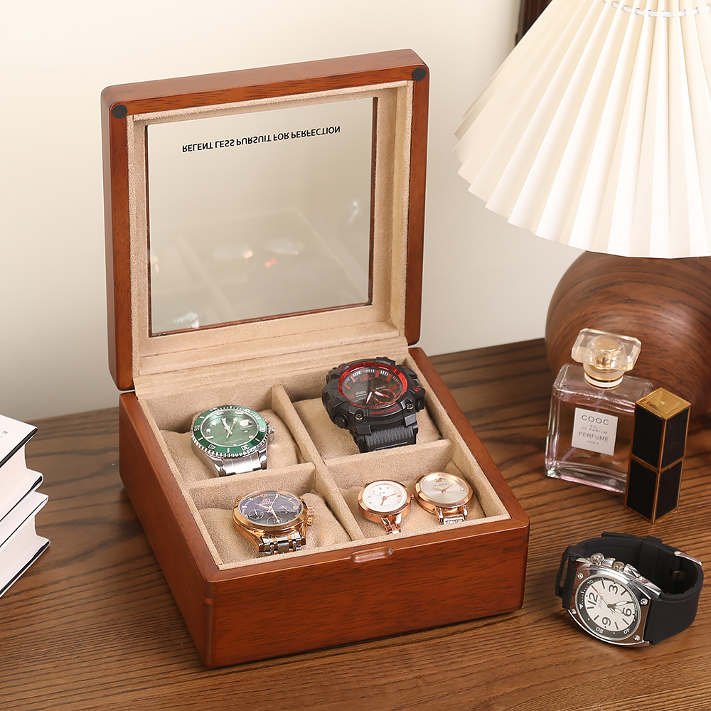 Chinese Solid Wood Watch Storage Box Four-Pack Watch Collection Panoramic Skylight Watch Box Boyfriend Gift