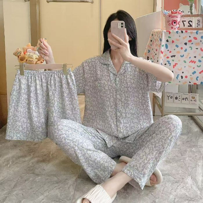 Venta al por mayor transfronteriza 120g pijamas de algodón de nube de verano de manga corta para mujer pantalones cortos de algodón de nube de verano de tres piezas servicio a domicilio de dibujos animados
