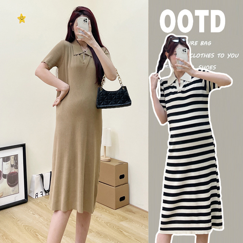 Xue Meifu Pregnant Women Dress Summer Korean Style Fashion Loose Casual Slim Striped Knitted Skirt
