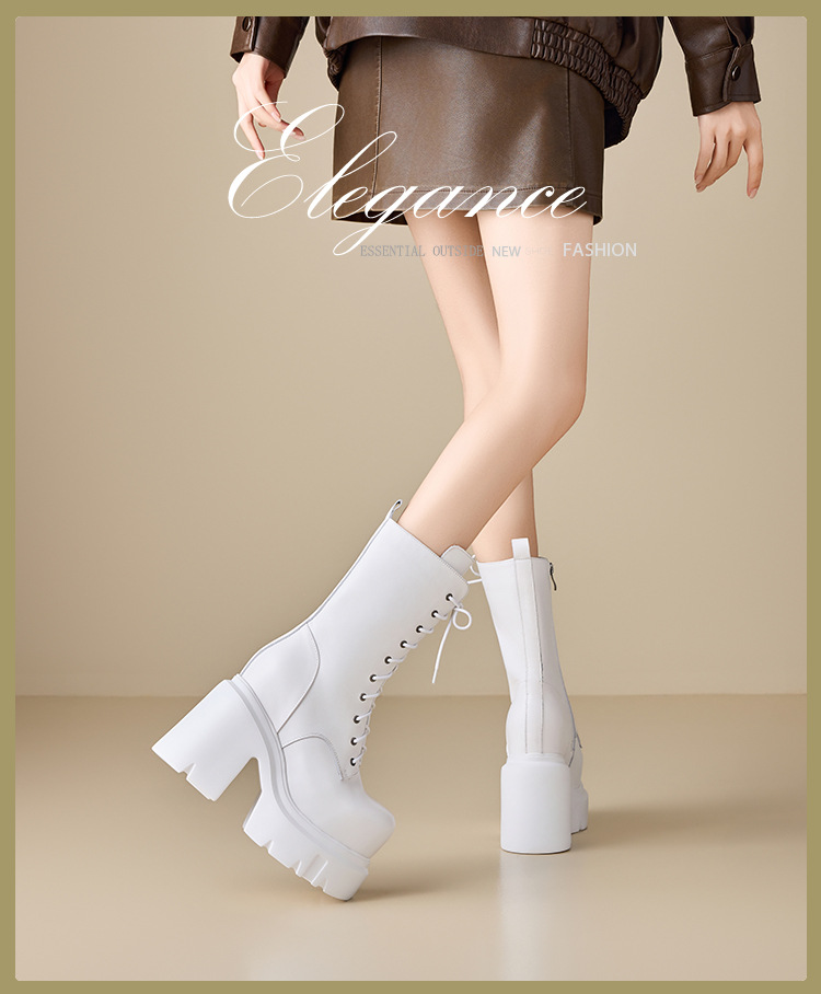 Boot nữ da mềm mũi tròn gót thô đế dày dây buộc cao 14 cm — Đen nhung chi tiết 1