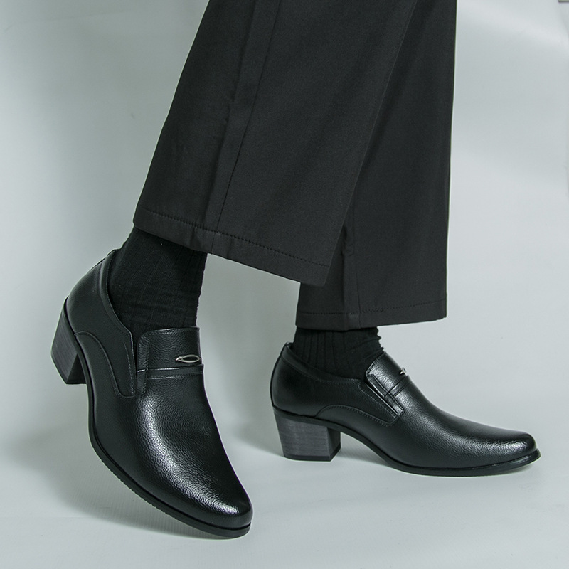 Cross-Border Large Size Business High-Heeled Leather Shoes for Men, Slip-On Formal Casual Shoes, Foreign Trade Thick-Soled Pointed-Toe Height-Increasing Cuban Shoes