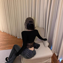 纯欲辣妹黑色蕾丝镂空露背长袖t恤女春秋季时尚精致内搭打底上衣