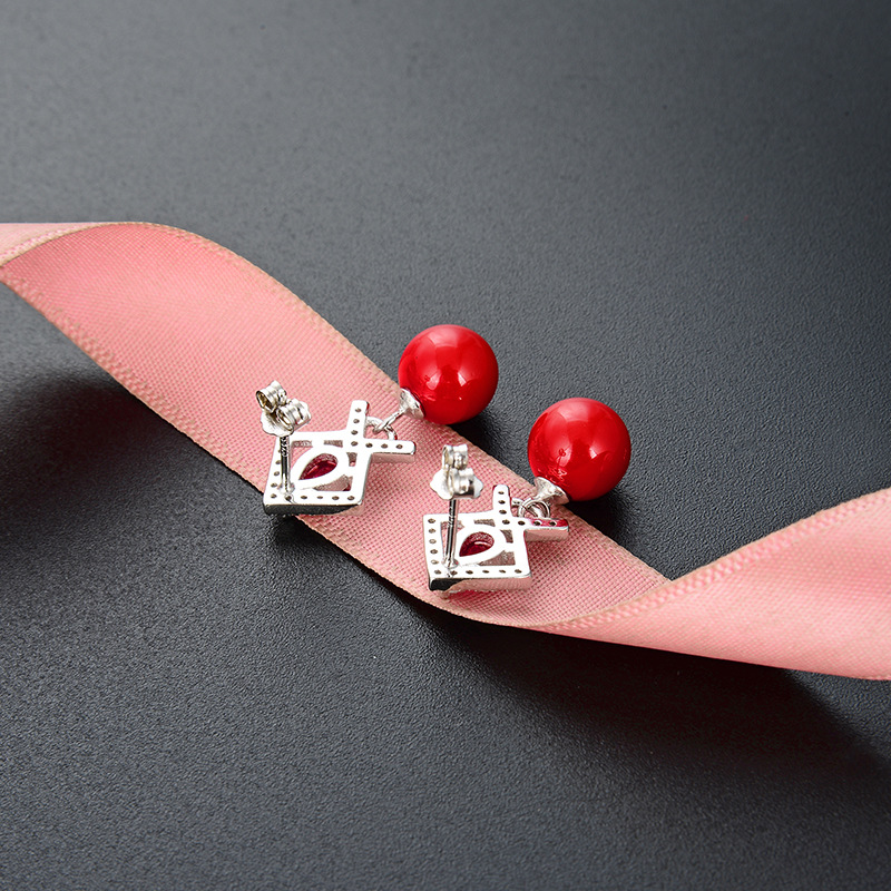 Pendientes de perlas felices rojos Corea del Sur simple s925 pendientes de circón de plata pendientes de diamantes de estilo étnico femenino
