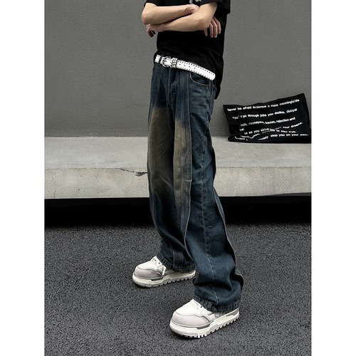 Vintage High Street Men's Summer Thin Straight Leg American Style Blue Retro Fashion Casual Slim Fit Loose Wide Leg Jeans