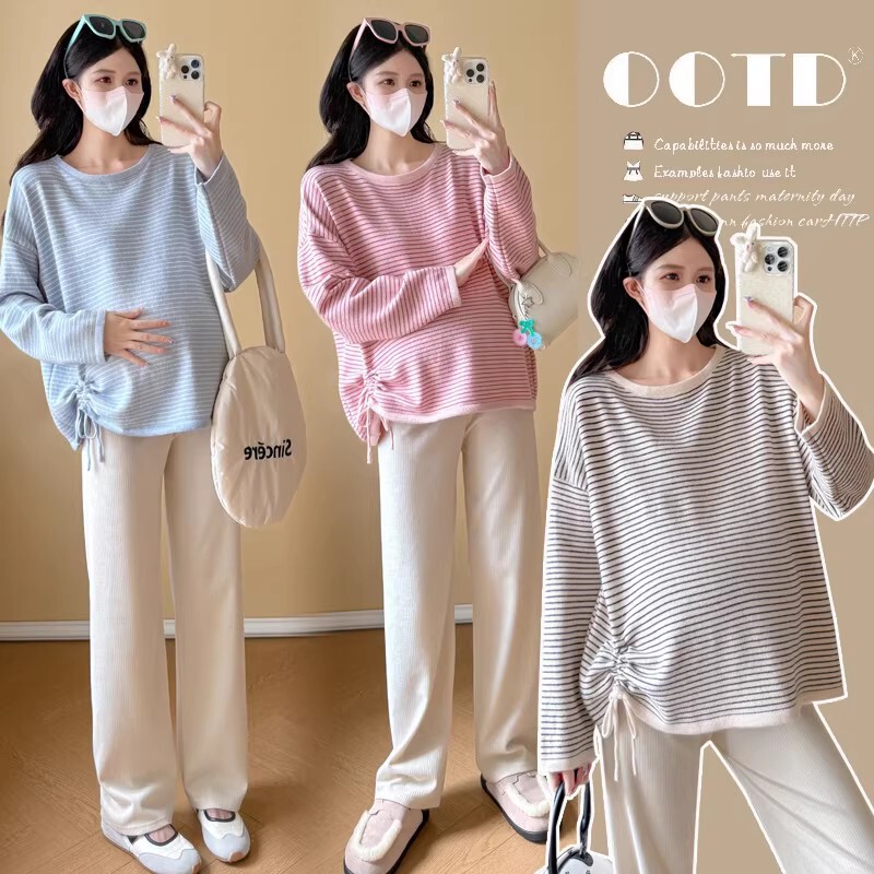 Maternity Tops Autumn and Winter New Round Neck Stripesd Sweaters Fashionable Casual Loose Slimming Look Versatile Two-Piece Set Trendy Maternity Tops Autumn and Winter New Round Neck Stripesd Sweaters Fashionable Casual Loose Slimming Look Versatile Two-Piece Set Trendy