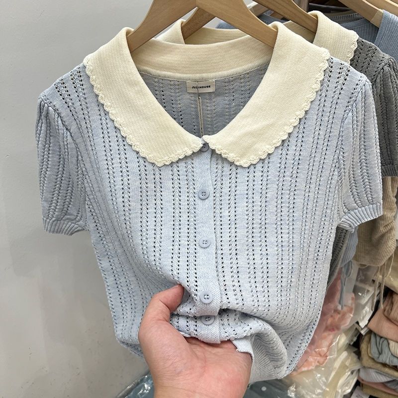 Fresh and Stylish Doll Collar Short High-Waisted Hollow-Out Knit Short-Sleeve T-Shirt for Women, 2026 Summer New Trendy Top