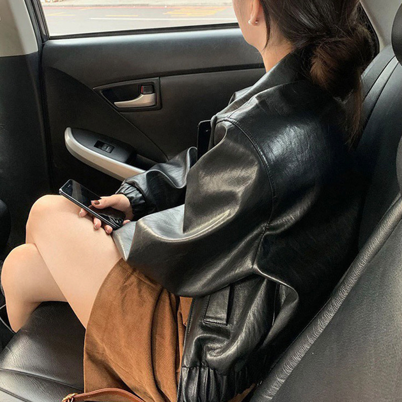 韓国風レトロラペルショートレザージャケット 2026春秋 小柄な方向けゆったりカジュアルジャケット レディース