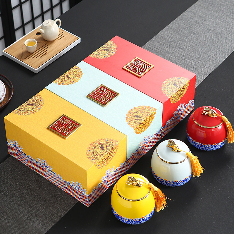 厂家直销陶瓷茶叶罐绿茶密封罐双罐一斤礼盒装批发密封罐定制Logo|ms