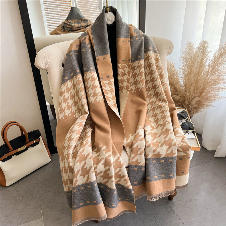 620g Weight Scarf Classification Outdoor, Daily Occasion Imitation cashmere Material Houndstooth, Color Block Pattern Winter Season Women's Gender Tassel Design Sweet, Simple Style Style Women's Sweet Simple Style Houndstooth Color Block Imitation Cashmere Tassel Scarf 2