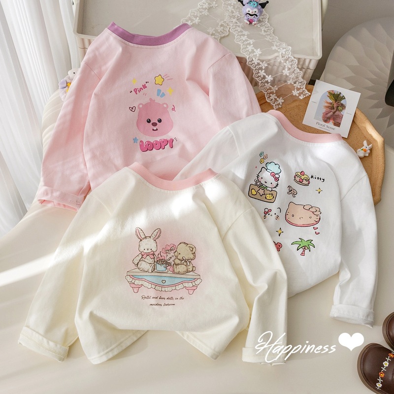 Girls' New Spring and Autumn Long-Sleeved T-Shirt, Korean Style Fashionable Cartoon Print Contrasting Color Bottoming Shirt, Baby Girl's Autumn Clothing