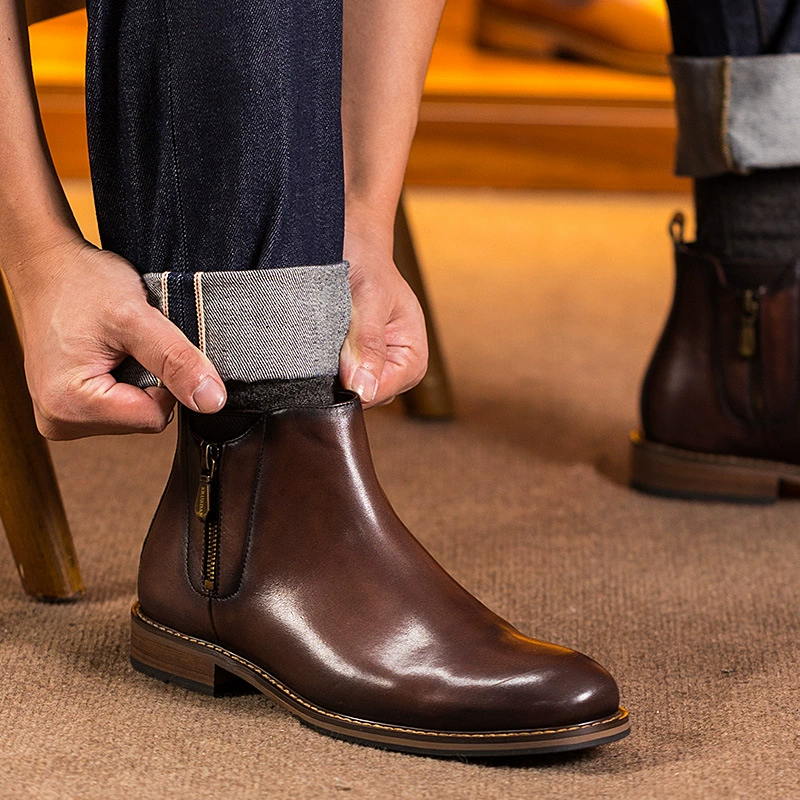Demi-season leather chelsea, low boots with zipper, genuine leather