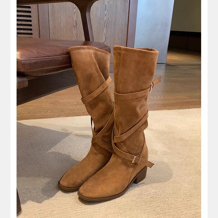 Grape Mom's Same Style, Height Increase 7cm~ Long Legs, Pointed Round Toe, Cross Strap Thick High Heel Knight Boots, Mid-Calf Boots for Women