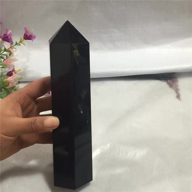 黑曜石单尖柱子摆件 黑曜石水晶柱子 摆件六棱柱摆件20*6