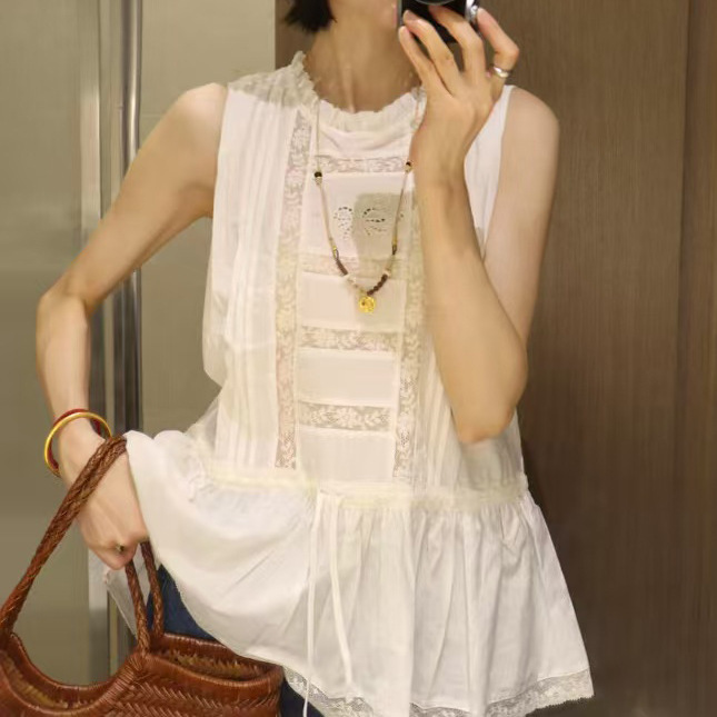 2026 New Summer Style Classic Vine Embroidery Lightweight Lace Trim Tie-Waist Sleeveless Shirt 2026 New Summer Style Classic Vine Embroidery Lightweight Lace Trim Tie-Waist Sleeveless Shirt