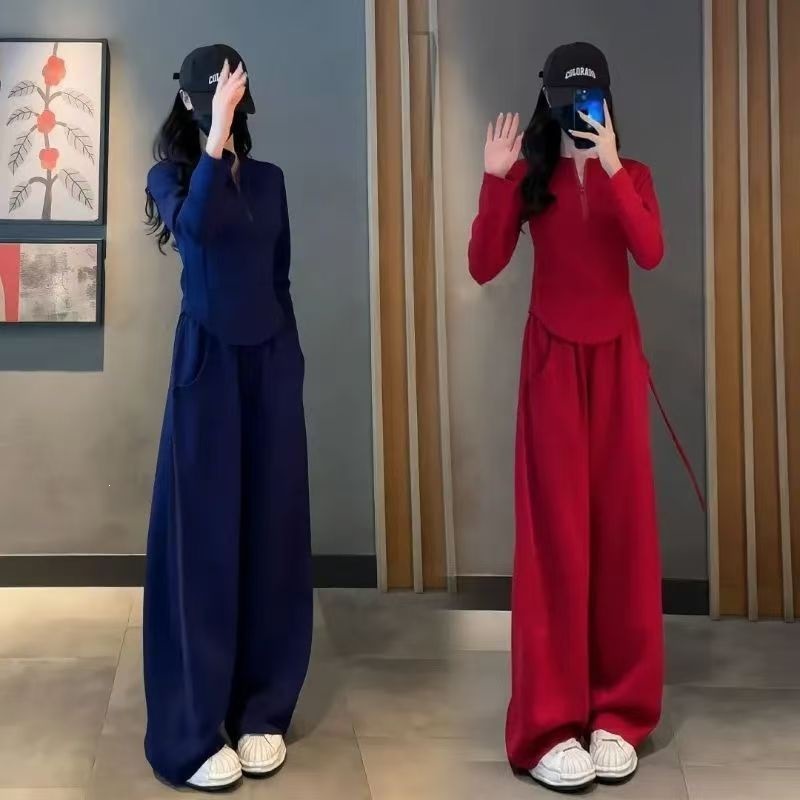 Women's Casual and Stylish Early Autumn Two-Piece Set: Slim Fit Long-Sleeved T-Shirt + High-Waisted Wide-Leg Pants (Spandex)