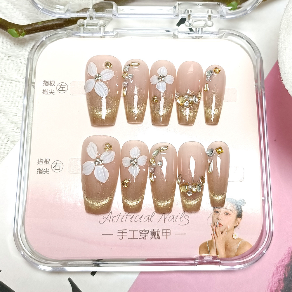 Uñas postizas francesas con efecto ojo de gato, diseño de flor blanca con diamantes brillantes, estilo 3D, hechas a mano, juego de 10 piezas de tamaños variados, pegatinas para uñas