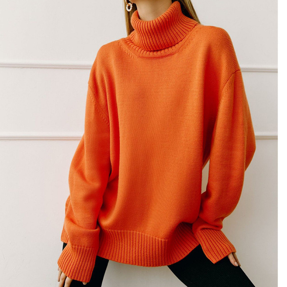 Comercio exterior transfronterizo de color sólido suéter de cuello alto mujeres Europa y América otoño y invierno suelto versátil clásico explosión camiseta de punto precio de fábrica al por mayor image 3