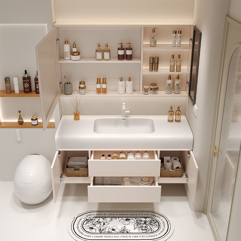 Cream-Colored Bathroom Cabinet with Integrated Washbasin, Full Set of Bathroom Fixtures