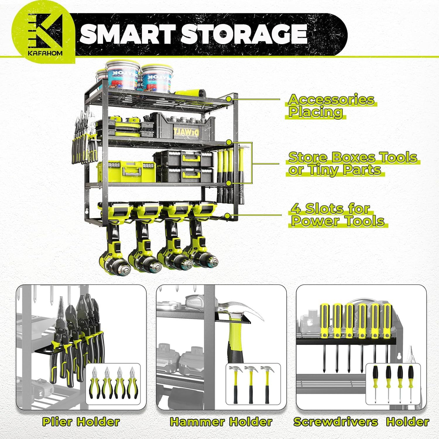 CF pared-mount 4 Tier Garage Tool Holder y estante de herramientas, negro multifuncional