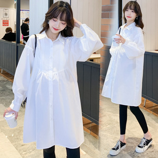 2025 Spring New Maternity Wear Mid-Length Shirt Dress Korean Style Trendy Mom White Pink