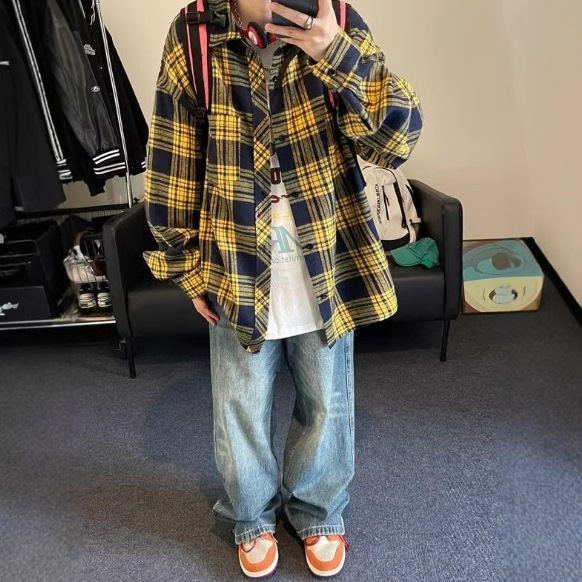 2025 New Arrival Plaid Shirt Men's Long-Sleeved Spring and Autumn American Style Retro Plaid Yellow High-end Sense Boys Shirt Jacket