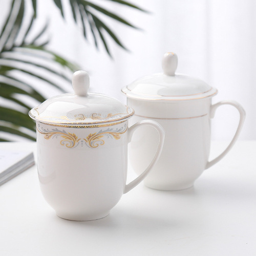 Custom gold-edged conference ceramic cups with lids for hotels, inns, guest rooms, offices, and meetings
