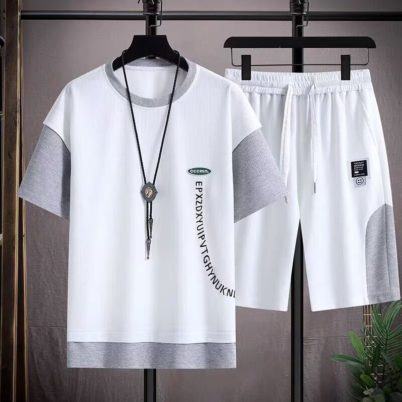 Men's Sporty Casual Set Short Sleeve Tee & Printed Shorts Outfit, Lightweight Polyester Comfort For Gym And Street Style_viptrois.com