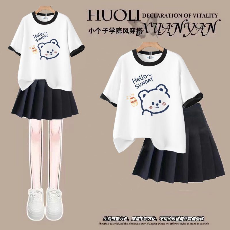 カレッジスタイルの夏万能スイートプリントラウンドネック半袖Tシャツ小柄ハイウエスト着痩せプリーツスカート2点セット|undefined
