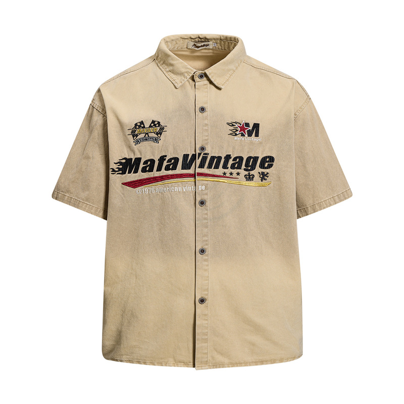 American Retro Khaki Distressed Letter Embroidery Short-Sleeved Shirt for Men 2026 Summer Versatile Loose Casual Shirt