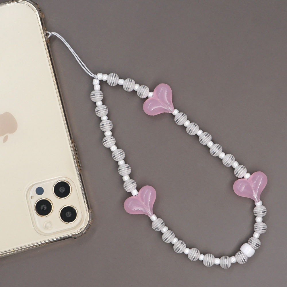 Simple Glass Rice Beads 8mm White Striped Beads Jelly Pink Peach Heart Anti-lost Mobile Phone Chain display picture 1
