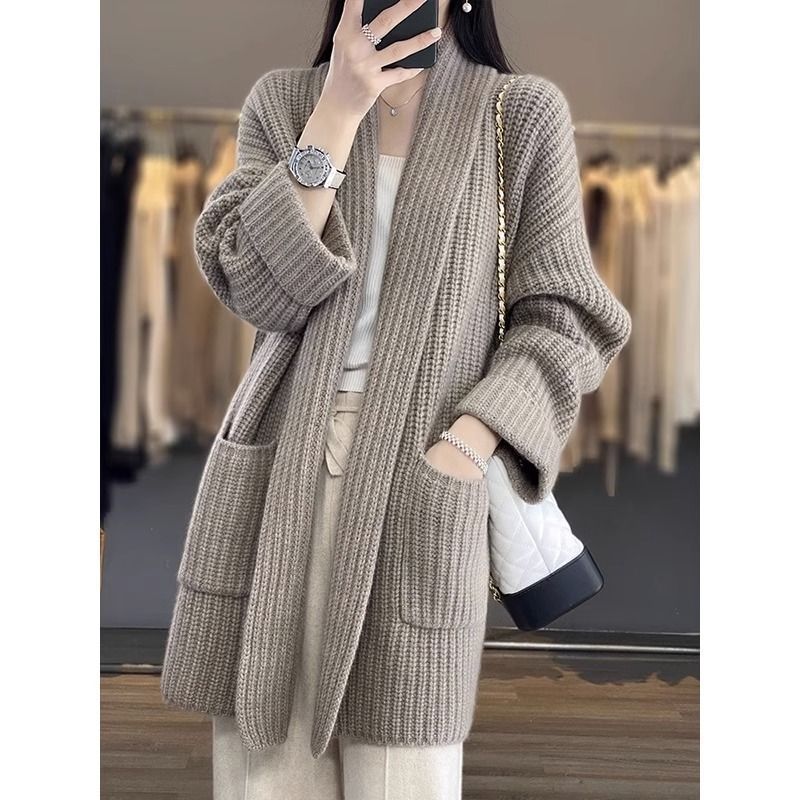 韩版秋冬季慵懒风粗线针织女毛衣开衫气质中长款宽松女外套上衣|undefined