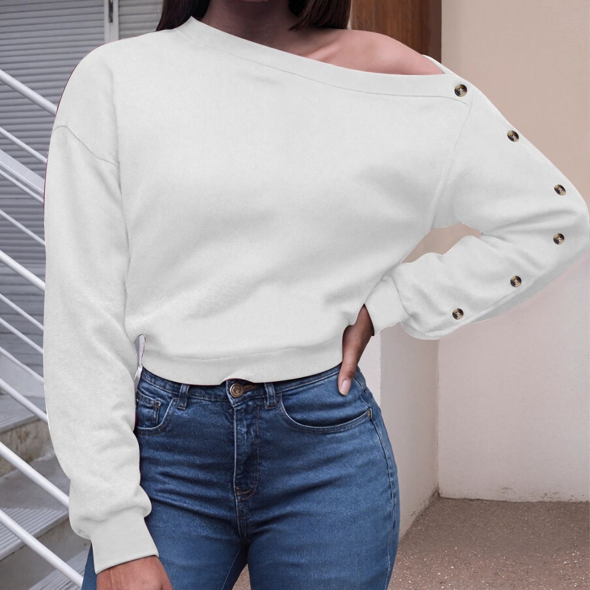 Cross-Border Exclusive Export Women's Sweatshirt with Button Sleeves, Sloping Shoulder Sleeves, Three Colors Available, Same-Day Delivery
