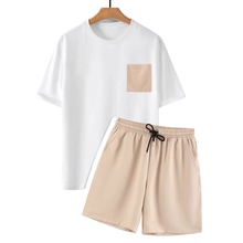 2025夏季轻熟休闲男士套装白色圆领短袖T恤涤纶抽绳短裤轻薄舒适