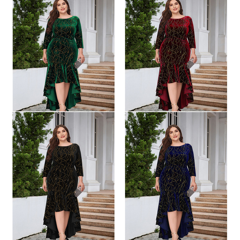 Amazon Women's Plus Size Three Quarter Sleeve Mermaid High-Low Hem Extra Long Velvet Formal Dress