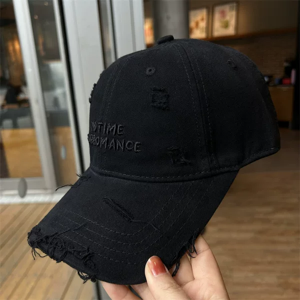 Holed Baseball Cap Women's Letter Embroidered Washed Cotton Cap Shows Face Small Extra-large Wide Brim Soft Top Sunhat