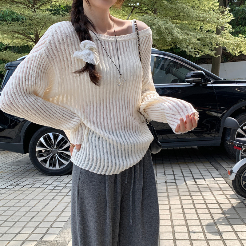 韩系独特气质坑条设计感宽松长袖针织衫女2025新款超好看慵懒上衣|undefined