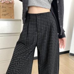 黑色格子阔腿裤女2025新款秋季宽松bf慵懒风垂感松弛直筒休闲裤子