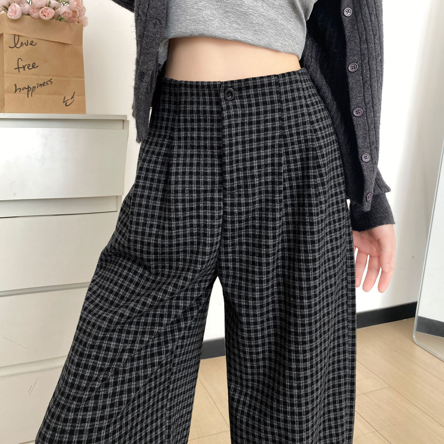 黑色格子阔腿裤女2025新款秋季宽松bf慵懒风垂感松弛直筒休闲裤子