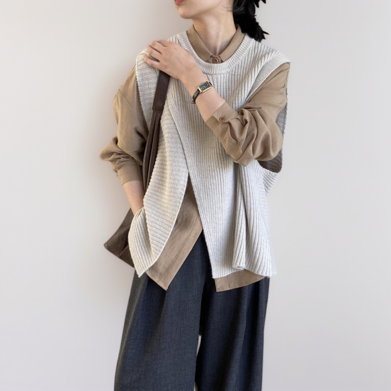 NUNBAI Stylish Two-Piece Fashionable Pullover Sleeveless Split Knitted Sweater Vest All-Match Loose Simple Color