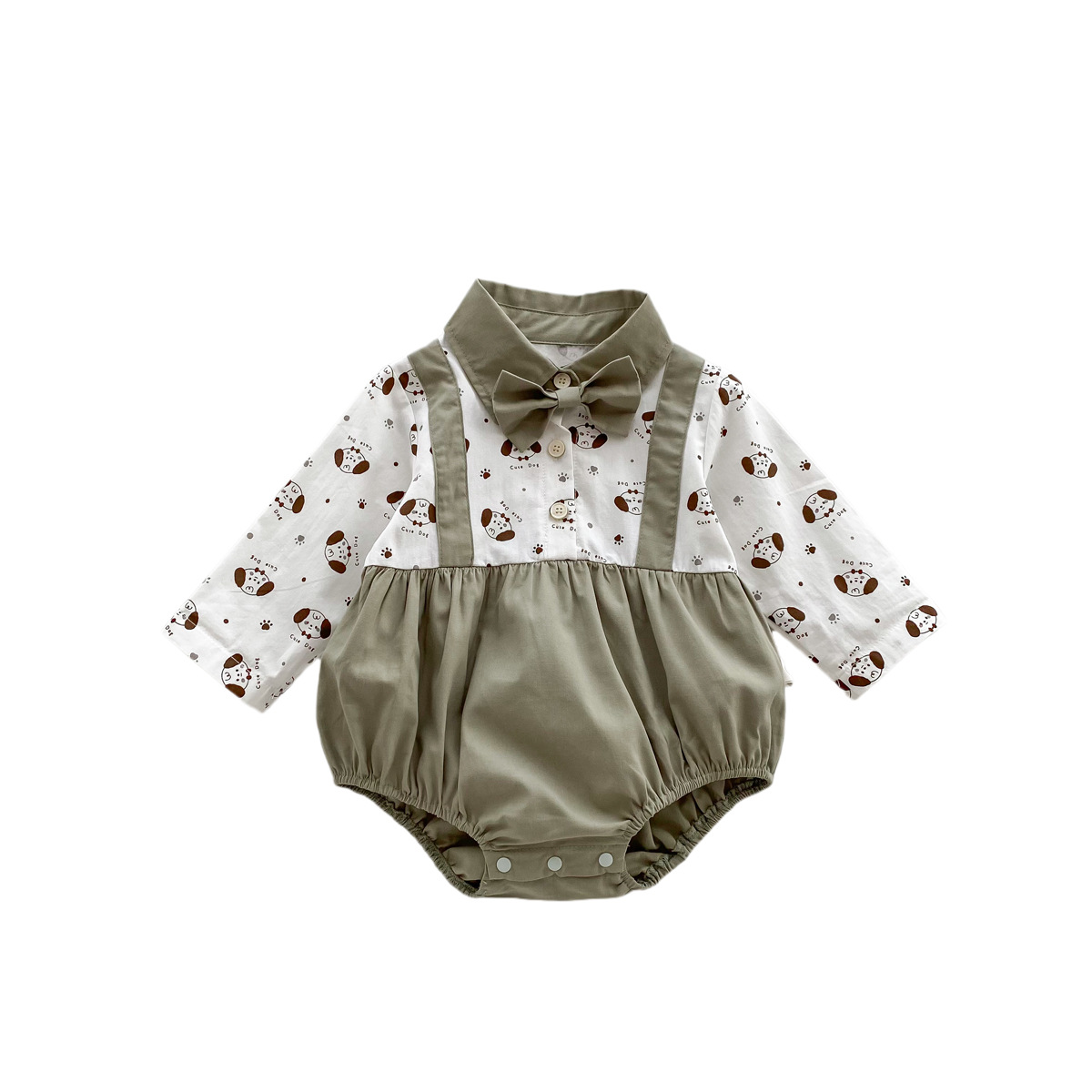 Mono del bebé otoño Niño de dibujos animados impreso ropa bebé recién nacido falso dos piezas Caballero pajarita camisa mameluco