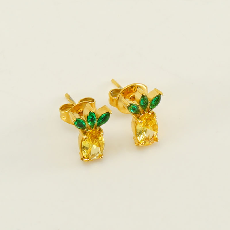 Nueva frontera de acero inoxidable con incrustaciones de circón piña pendientes pequeños pendientes femeninos europeos y americanos pendientes de lujo ligeros de acero de titanio en stock al por mayor