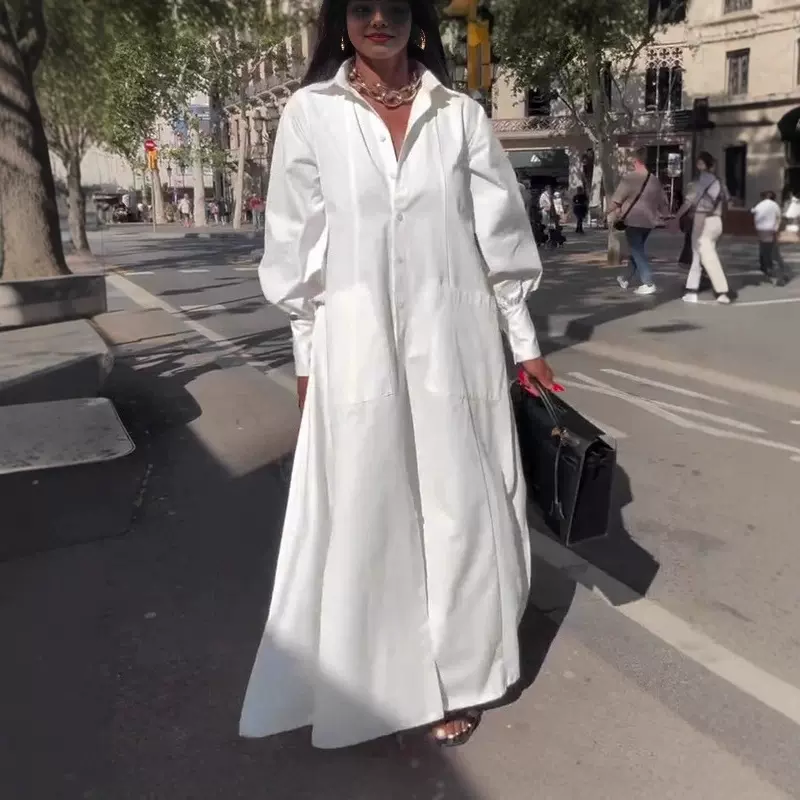 25欧美跨境外贸女装亚马逊优雅宽松休闲长袖开叉下摆衬衫裙连衣裙