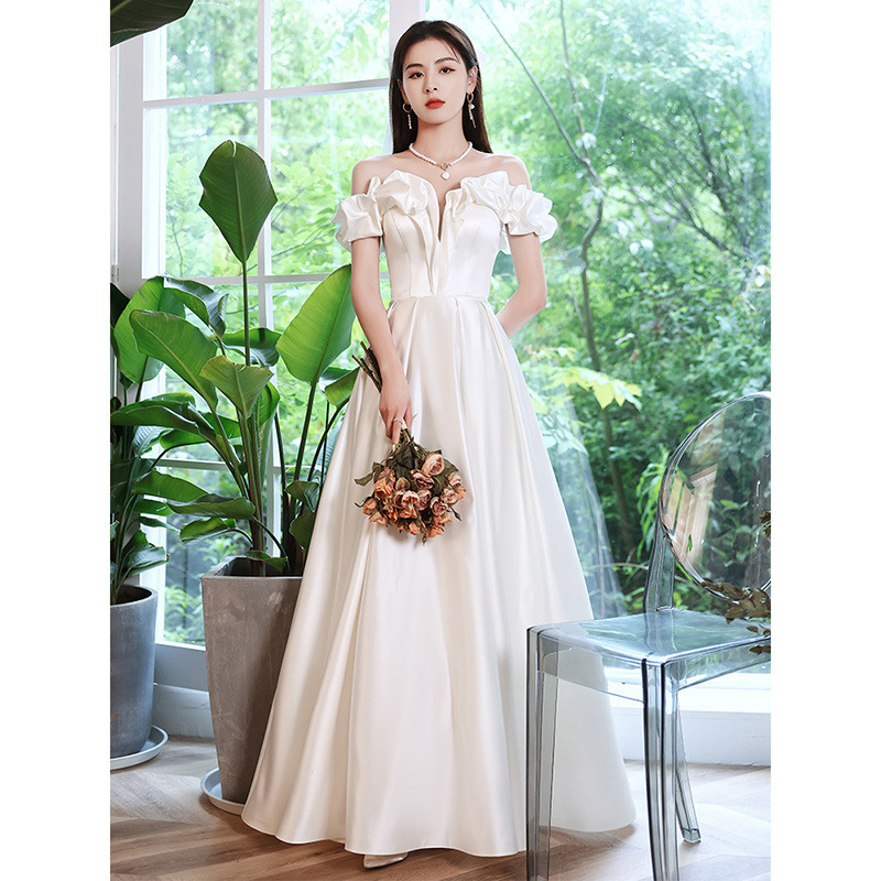 Light Wedding Dress 2026 Spring and Autumn New Style Elegant Off-Shoulder Long Studio Art Exam Evening Dress Satin Dress for Women